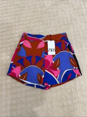 ZARA Multicolor Floral High-Waist Shorts — Rust, Blue & Pink